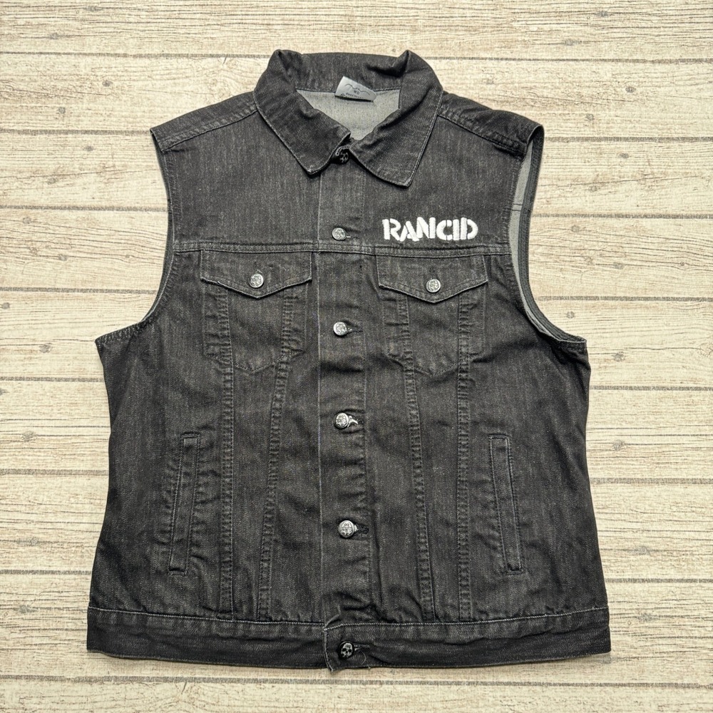 Rancid Vest Men's Medium Black Denim Skull Punk Graphic Button Front Biker Moto